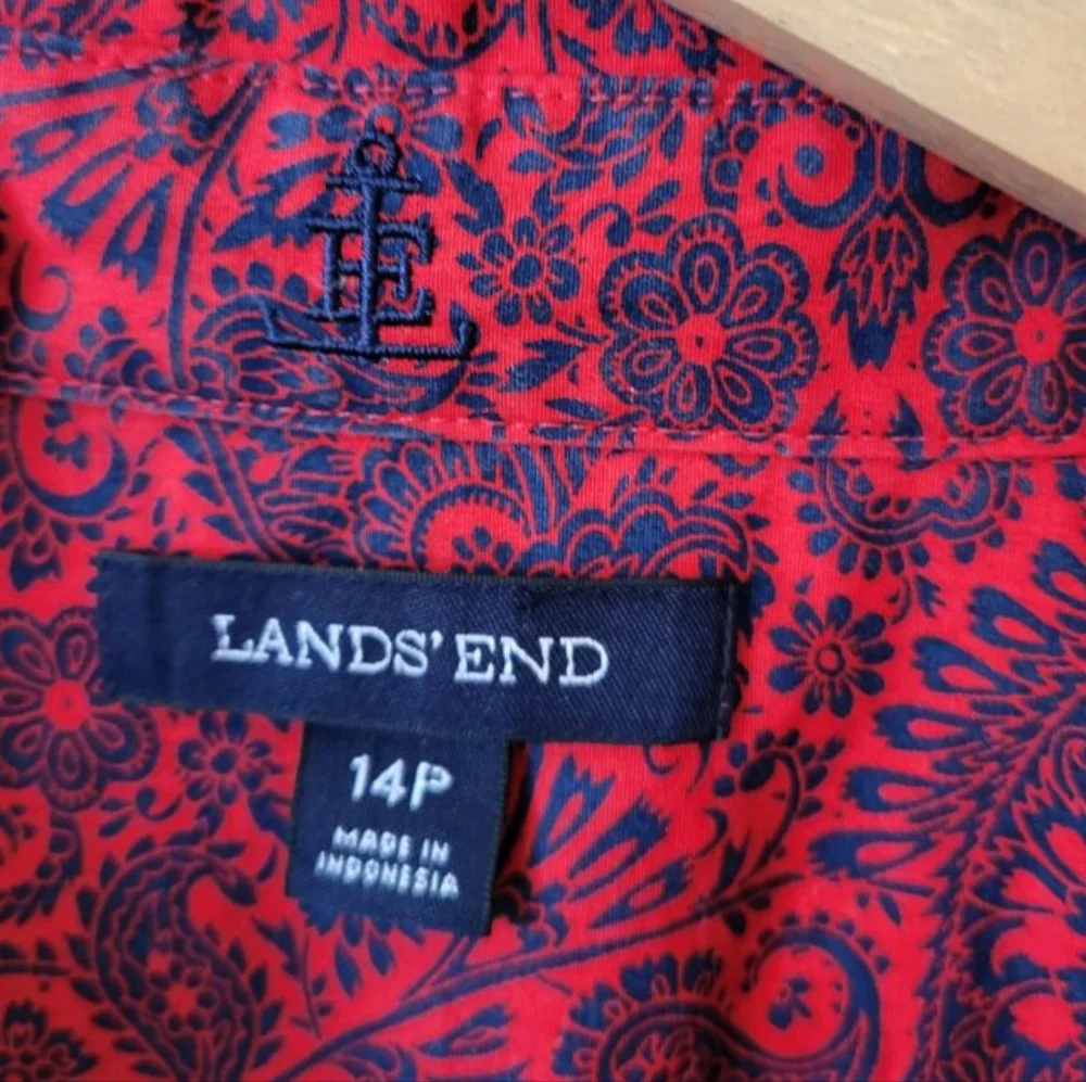 New LANDS' END Red and Blue Paisley Print Cotton Shirt - Picture 6 of 7